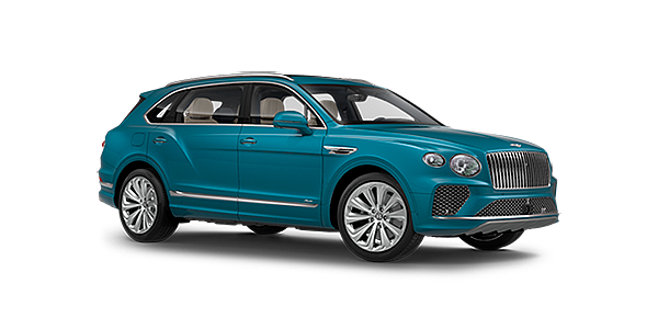 Bentley Belfast Bentley Bentayga EWB Azure front side angled view in Topaz blue coloured exterior. 
